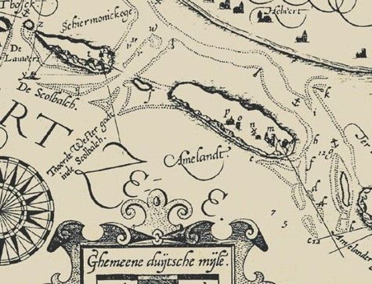 Fragment van de zeekaart van Albert van Haeyen uit 1585. M = ‘Holm of de kerk opt west endt, N = ‘De molen op amelandt’, O = ‘De stins’ (kasteel van Ballum) P = ‘Ballum’ Deze punten hebben destijds als baken voor de zeevaart dienst gedaan - VVV Ameland
